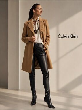 Calvin Klein Camel Wool & Cashmere Blend Coat • Size 2 • Elegant Tailored Camel